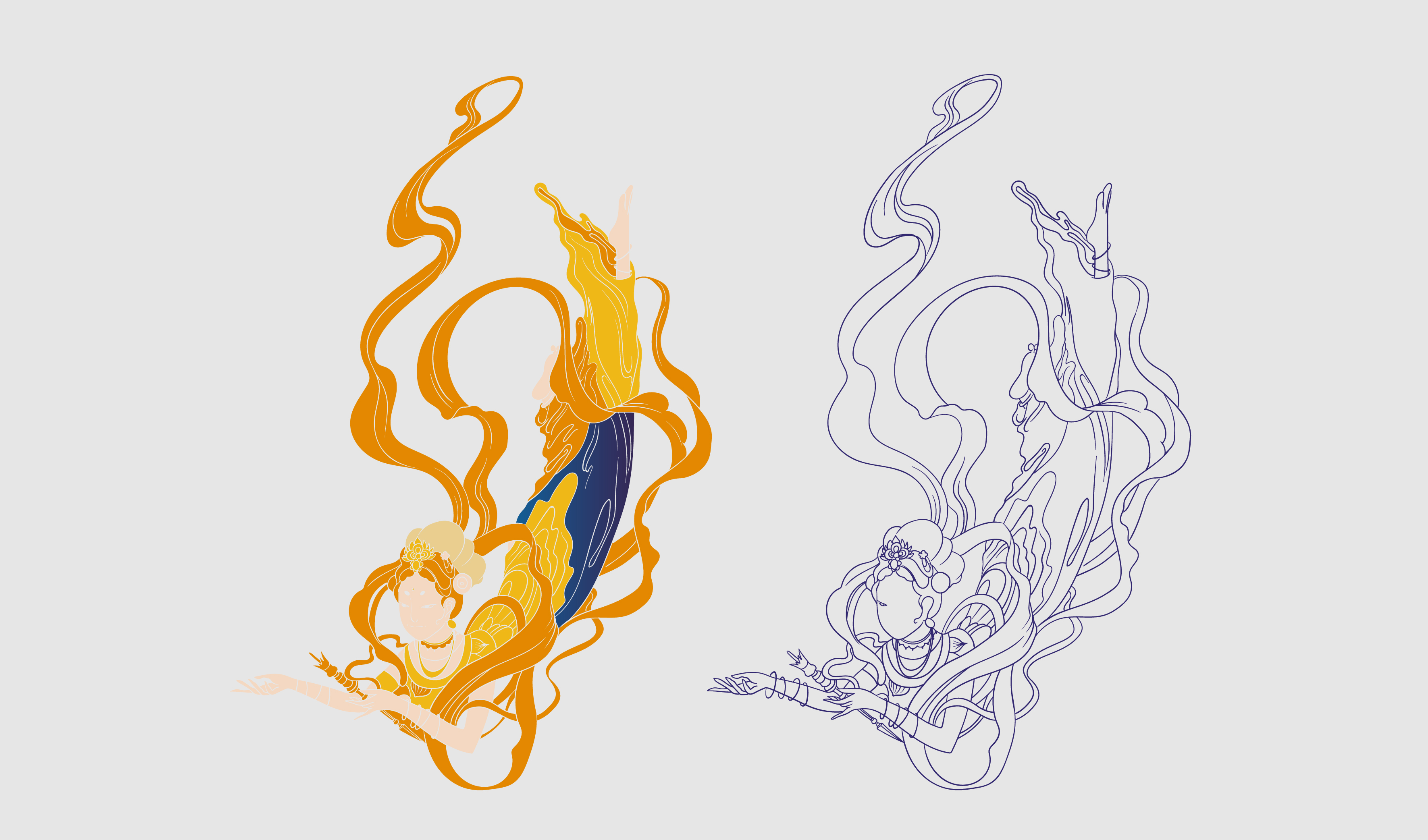 敦煌飞天 黄蓝搭配 传统插画 矢量图